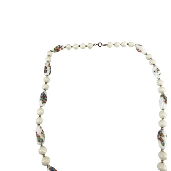 Vintage Floral Ceramic Bead Necklace With White Round Beads Metal Clasp - Picture 7 of 9